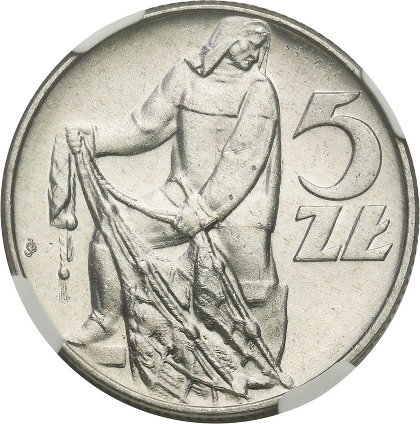 PRL. 5 złotych 1960 Rybak aluminium - zdwojenie stempla NGC MS64 (MAX)